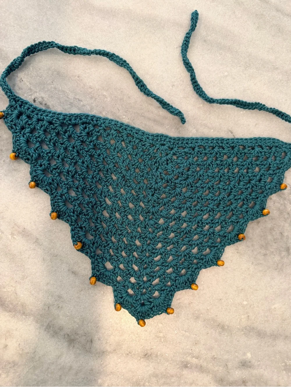 Handmade Crochet Wood Beaded Kerchief Head Scarf Cotton Boho Bandana Cottagecore